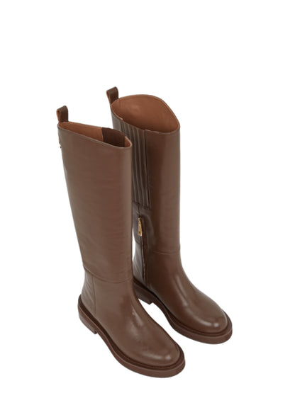 Bottes Hautes Femme | Cuir Marron Lisse Et Semelle Plate | Style Classique Pour L’Hiver