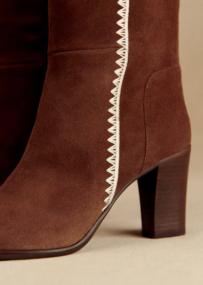 Bottes Femme | Cuissardes En Cuir Véritable | Élégantes Avec Détail Zigzag Contrasté