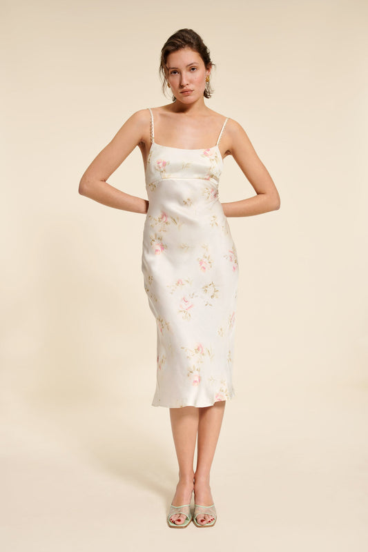 Robe Midi Satinée Fleurie | Élégante & Raffinée | Soirées & Occasions Spéciales | Tissu Fluide
