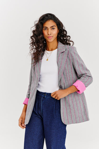 Veste Femme | Motif Chevrons Élégant | Doublure Rose Pour Un Look Professionnel Et Féminin