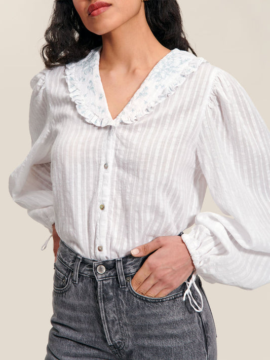 Chemisier Coton | Col Brodé & Manches Bouffantes | Parfait pour le Bureau ou les Sorties