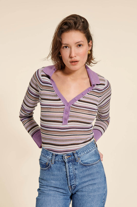 Top | Rayé Avec Col Polo Violet | Confortable Et Tendance | Pour Un Look Décontracté Chic