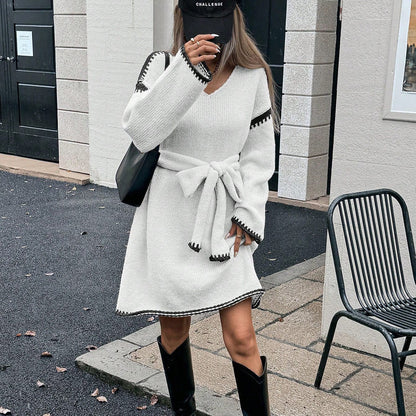 Robe Pull Femme | Avec Ceinture Et Finitions Contrastées | Chaude Et Élégante Pour L’Hiver