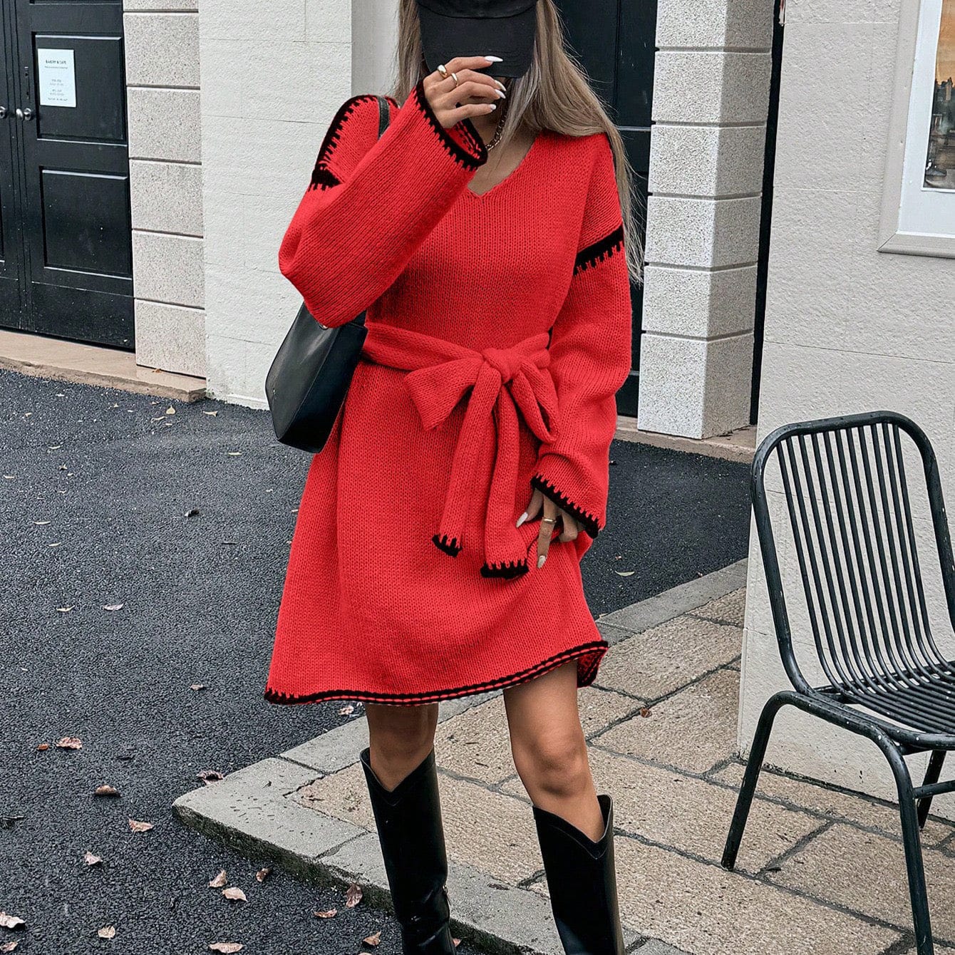 Robe Pull Femme | Avec Ceinture Et Finitions Contrastées | Chaude Et Élégante Pour L’Hiver