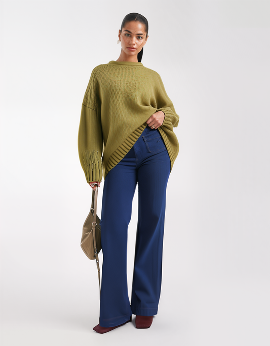 Pull Vert Olive | Maille Texturée Oversize | Confort et Style pour la Saison Automnale